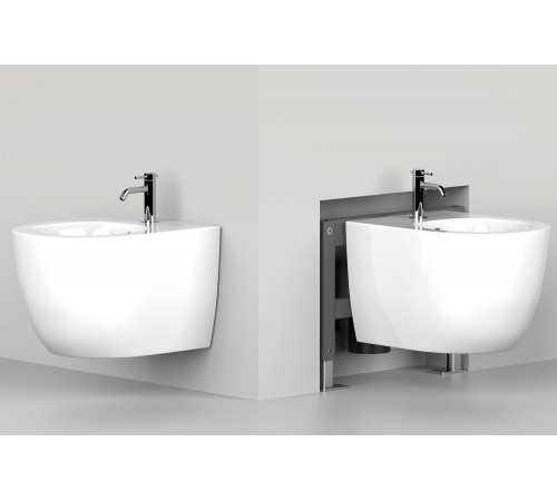 Подвесной унитаз Abber AC1100 белый с инсталляцией AC0105 и кнопкой AC0121 хром, биде AC1150 с инсталляцией AC0101P
