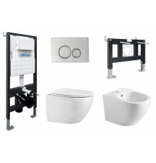 Подвесной унитаз Abber AC1100 белый с инсталляцией AC0105 и кнопкой AC0121 хром, биде AC1150 с инсталляцией AC0101P