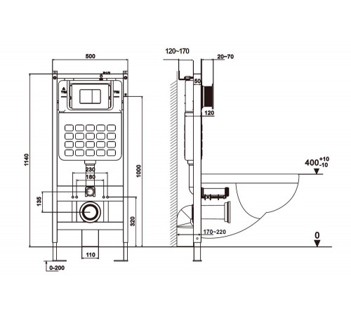 Унитаз подвесной ABBER Rechteck AC1201 белый с инсталляцией AC0105 и кнопкой AC0120MMG золото матовое