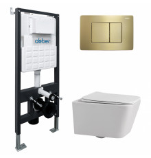 Унитаз подвесной ABBER Rechteck AC1201 белый с инсталляцией AC0105 и кнопкой AC0120MMG золото матовое