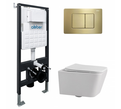 Унитаз подвесной ABBER Rechteck AC1201 белый с инсталляцией AC0105 и кнопкой AC0120MMG золото матовое