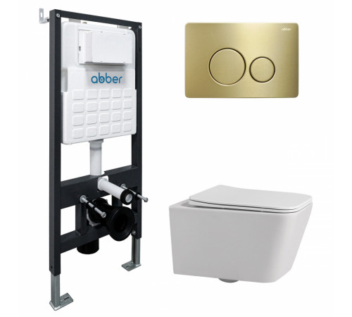 Унитаз подвесной ABBER Rechteck AC1201 белый с инсталляцией AC0105 и кнопкой AC0121MMG золото матовое