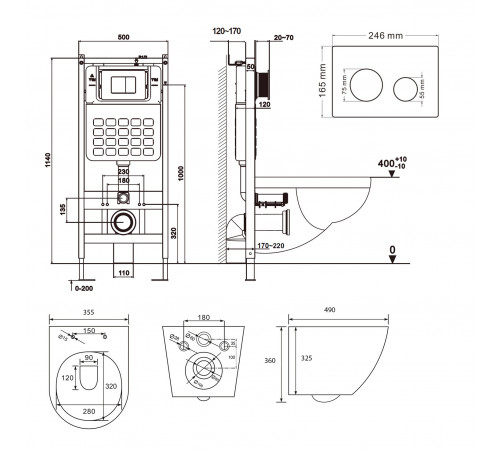 Подвесной унитаз Abber AC1100 белый с инсталляцией AC0105 и кнопкой AC0120 хром, биде AC1150 с инсталляцией AC0101P