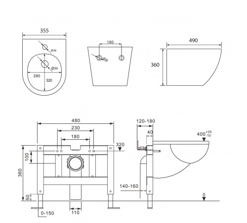 Подвесной унитаз Abber AC1100MB черный матовый с инсталляцией AC0105 и кнопкой AC0120MB, биде AC1150MB с инсталляцией AC0101P