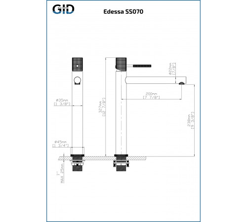 Смеситель GID для раковины (высокий) Edessa SS070-GM-D Вороненая сталь (Gun metal)