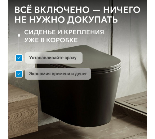 Подвесной унитаз ABBER Bequem AC1102TMB черный матовый, безободковый, смыв торнадо